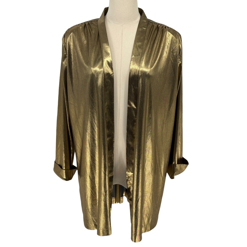 Joanna Cardigan Gold Metallic Open Front Draped Cuffed Sleeve Vintage Est Size L